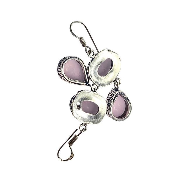 Soft Pink Chalcedony Gemstones in Hanmade Brushed Silver Earrings - Picture 6 of 7